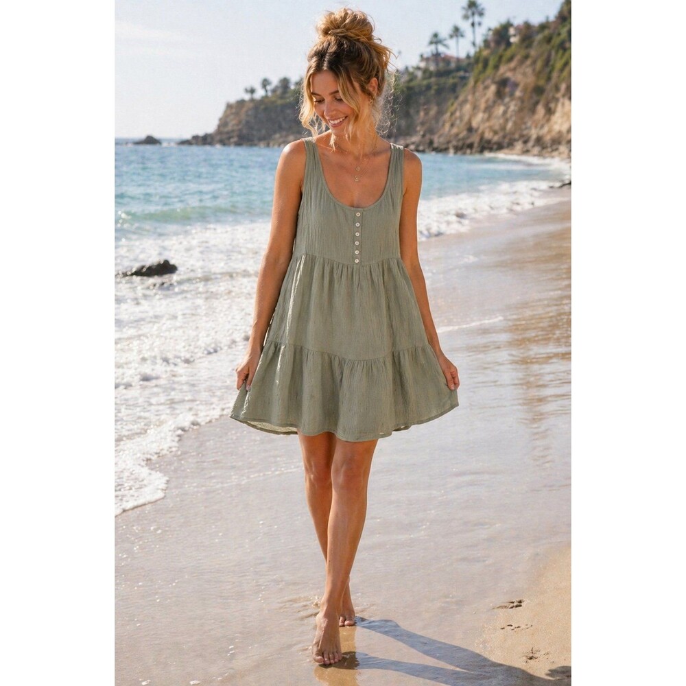 Wishlist Sage Green Tiered Mini Dress Small Gauze Boho Babydoll Flowy
